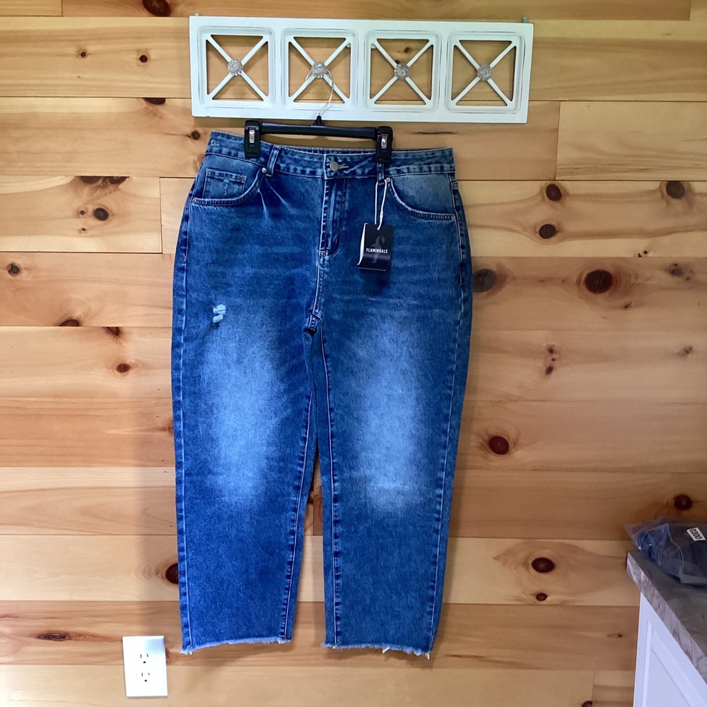 Flamingals Womens High Waisted Distressed Straight Leg Jeans Medium Wash XL NWT